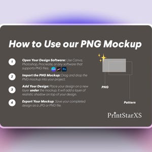 May include: A guide on using a PNG mockup, with steps for design software, importing the PNG, adding a design, and exporting the mockup. The image features the PrintStarXS logo and icons for design software.