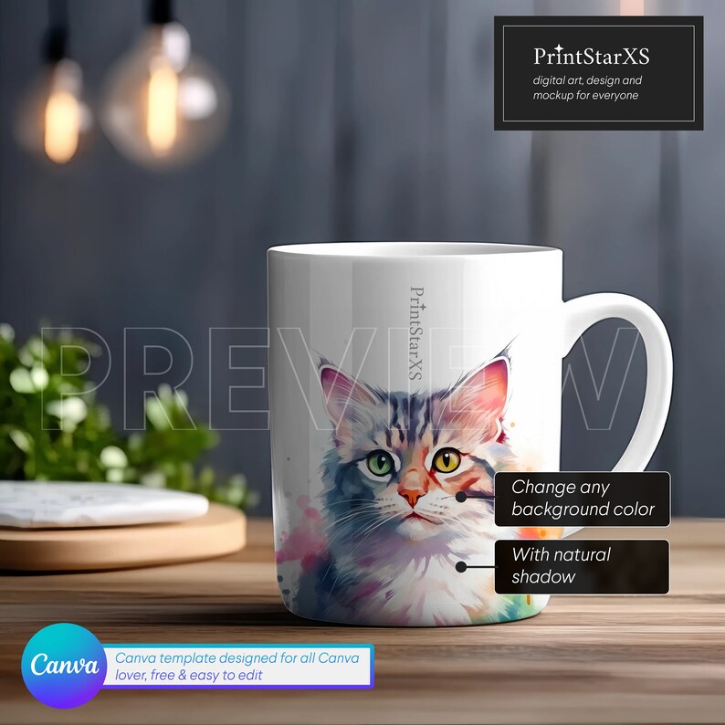Puede incluir: Taza de cer&aacute;mica blanca con una ilustraci&oacute;n de acuarela de un gato con ojos verdes y amarillos. La taza tiene un asa y el texto "PrintStarXS" est&aacute; impreso en el lateral.