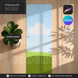 May include: A yoga mat mockup with a sky and cloud design, featuring a green field at the bottom. The mat is on a wooden surface with a plant in a white pot. The text "mockup" is displayed on the mat.