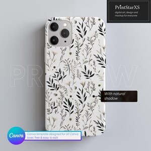 May include: A white iPhone case with a black and white floral pattern. The case has a natural shadow. The text "Canva template designed for all Canva lover, free & easy to edit" is at the bottom of the case.