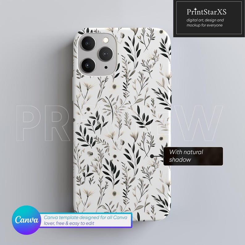 May include: A white iPhone case with a black and white floral pattern. The case has a natural shadow. The text "Canva template designed for all Canva lover, free & easy to edit" is at the bottom of the case.