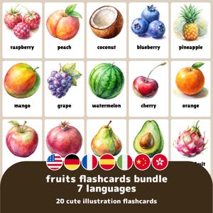 Cartes flash imprimables 7 langues sur le thème des fruits anglais français allemand italien espagnol chinois traditionnel simplifié 20 cartes flash d'apprentissage
