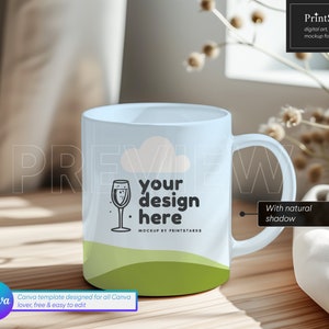 Canva mug mockup for POD sellers, featuring an easy drop-and-drop feature for creating beautiful and custom mugs with cozy background with natural shadow.