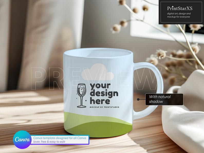 Canva mug mockup for POD sellers, featuring an easy drop-and-drop feature for creating beautiful and custom mugs with cozy background with natural shadow.