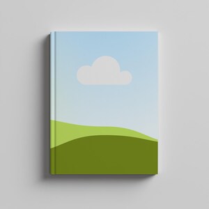 K&ouml;nnte beinhalten: Ein Notizbuch mit Landschaftsdesign. Das Cover zeigt einen blauen Himmel mit einer wei&szlig;en Wolke und gr&uuml;nen H&uuml;geln. Das Notizbuch hat eine saubere, minimalistische &Auml;sthetik.