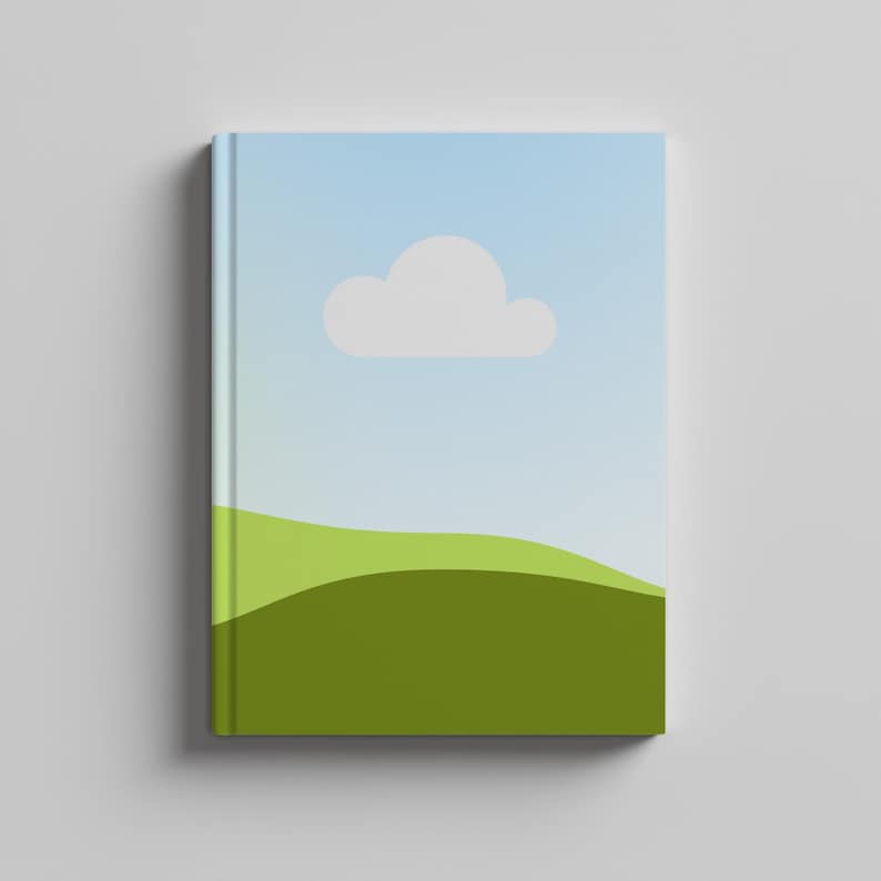 K&ouml;nnte beinhalten: Ein Notizbuch mit Landschaftsdesign. Das Cover zeigt einen blauen Himmel mit einer wei&szlig;en Wolke und gr&uuml;nen H&uuml;geln. Das Notizbuch hat eine saubere, minimalistische &Auml;sthetik.