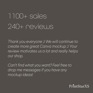 May include: A dark grey background with white text. The text states "1100+ sales" and "240+ reviews." Further text expresses thanks and invites mockup suggestions. The shop name "PrintStarXS" is at the bottom.