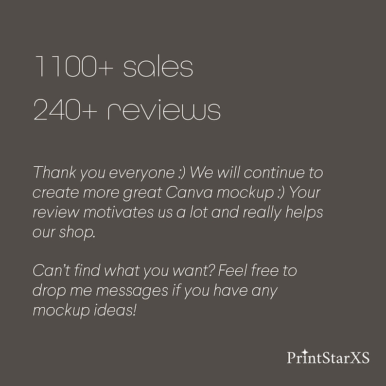 May include: A dark grey background with white text. The text states "1100+ sales" and "240+ reviews." Further text expresses thanks and invites mockup suggestions. The shop name "PrintStarXS" is at the bottom.