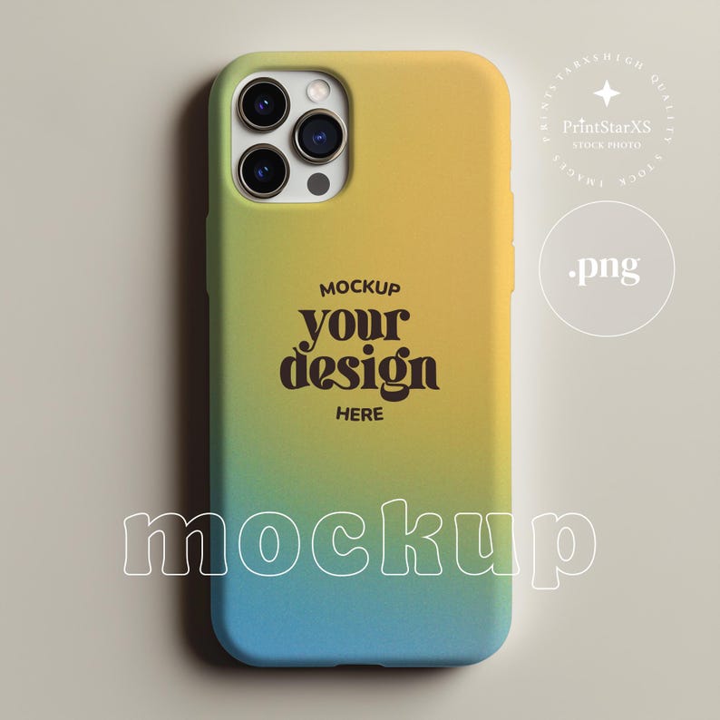 May include: A gradient phone case in yellow, green, and blue, with the text "MOCKUP YOUR design HERE" in a dark brown font. The phone case has a triple-lens camera and a rounded shape.