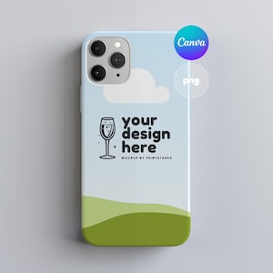May include: A blue and green phone case mockup with a white cloud and a glass of champagne. The text "your design here" is printed on the case.  MOCKUP BY PRINTSTARXS