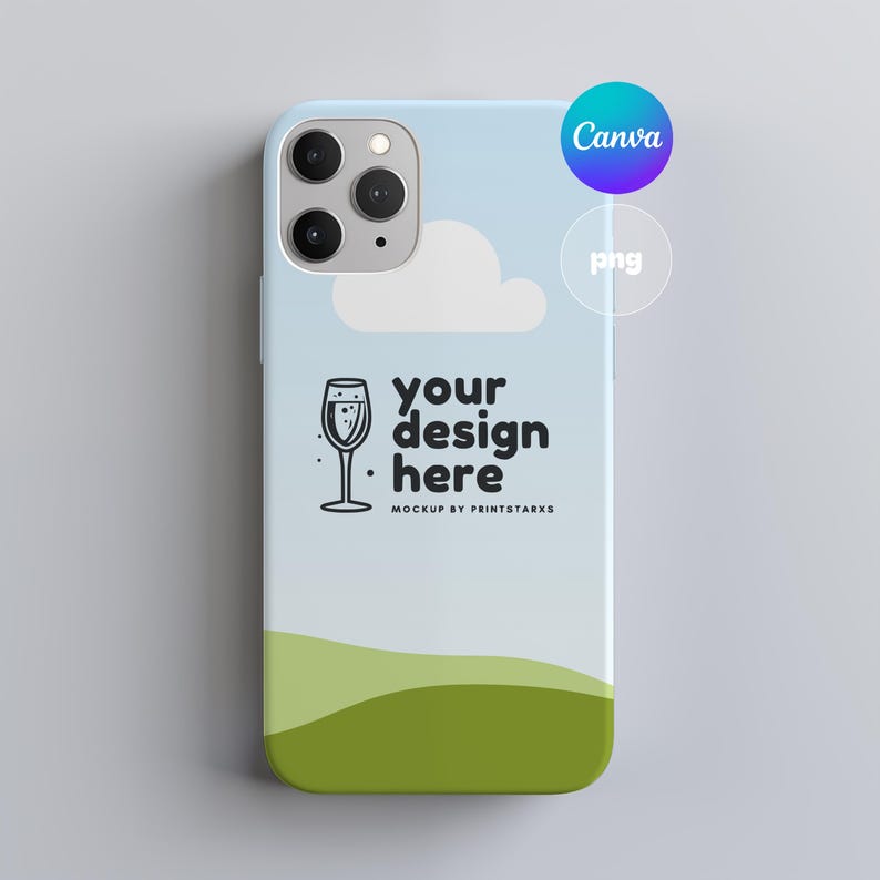 May include: A blue and green phone case mockup with a white cloud and a glass of champagne. The text "your design here" is printed on the case.  MOCKUP BY PRINTSTARXS