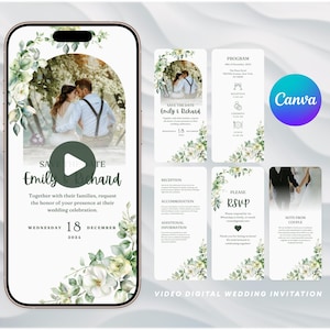 Save the Date geanimeerde digitale trouwkaart uitnodigingsvideo bewerkbare mobiele sjabloon Slepen en neerzetten Digitale downloads CANVA IG-verhaalgrootte