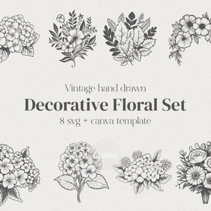 Floral flowers bundles svg & editable Canva template vintage hand drawn clip art illustrations svg boho svg floral svg flowers svg bundle