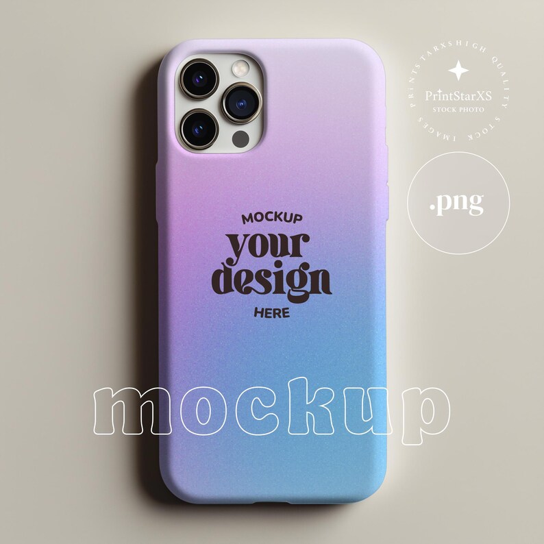 May include: A mobile phone case with a purple to blue gradient. The case has a camera aperture and the text "MOCKUP your design HERE". The word "mockup" is also written in a stylized font at the bottom of the case.