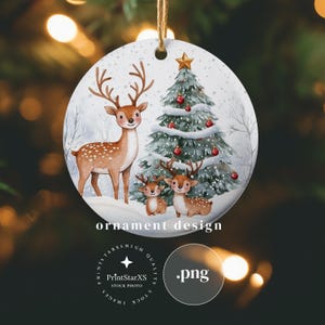 Süße Hirsch Aquarell Weihnachten Runde Ornament PNG Sublimation Design, Chrismtas Baum Ornament Designs, DIY Digital Download Sofort-Download