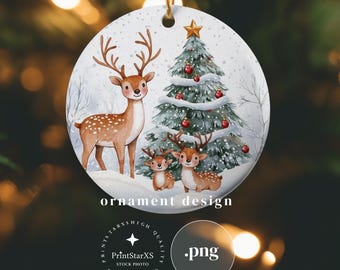Süße Hirsch Aquarell Weihnachten Runde Ornament PNG Sublimation Design, Chrismtas Baum Ornament Designs, DIY Digital Download Sofort-Download