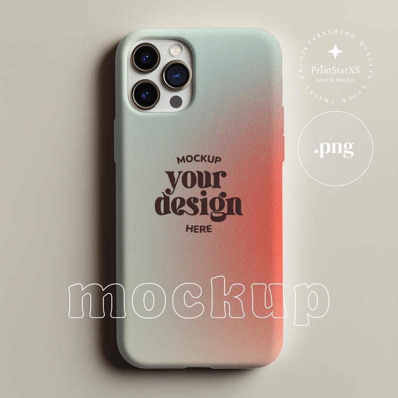 May include: A smartphone case with a colour gradient, fading from light green to red. The case has a camera aperture and the text "MOCKUP your design HERE" in a decorative font. The word "mockup" is also written in a white outline.