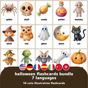 Cartes flash imprimables 7 langues sur le thème de l'Halloween Anglais Français Allemand Italien Espagnol Chinois traditionnel Apprentissage simplifié Cartes flash