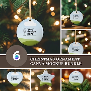 Könnte beinhalten: Ein Set mit sechs Weihnachtsbaumschmuck-Mockups für Canva. Die Ornamente sind rund, herzförmig und sternförmig. Sie sind alle weiß mit grünem Hintergrund und zeigen ein Glas Champagner mit dem Text "Ihr Design hier".