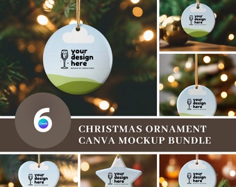 May include: A set of six Christmas ornament mockups for Canva. The ornaments are round, heart-shaped, and star-shaped. They are all white with a green background and feature a glass of champagne with the text "your design here".