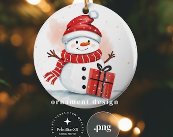 Cute Snowman Watercolor Christmas Round Ornament PNG Sublimation Design, Ornament Designs Snowman Gift, DIY Digital Instant Download