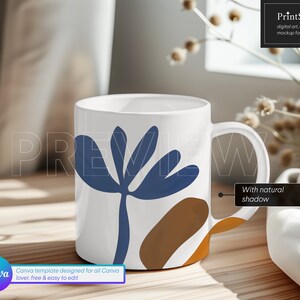 Canva mug mockup for POD sellers, featuring an easy drop-and-drop feature for creating beautiful and custom mugs with cozy background.