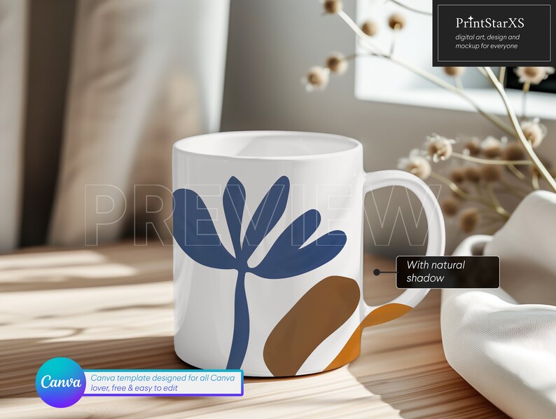 Canva mug mockup for POD sellers, featuring an easy drop-and-drop feature for creating beautiful and custom mugs with cozy background.