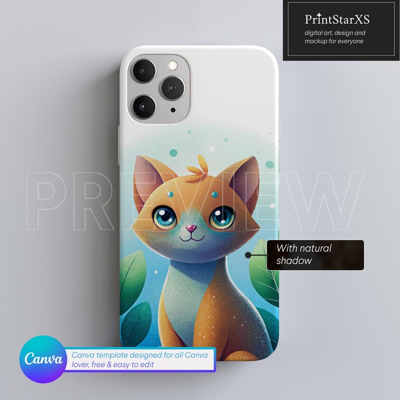 May include: A white iPhone case featuring a cartoon illustration of a blue-eyed orange cat with green leaves in the background. The case is designed for use with a Canva template.