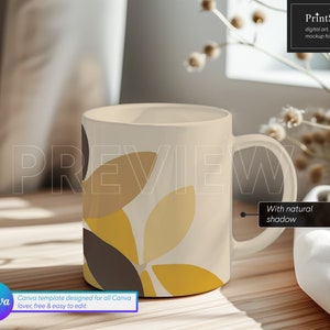 Canva mug mockup for POD sellers on Etsy, featuring an easy drop-and-drop feature for creating beautiful and custom mugs with cozy background.