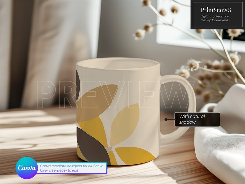 Canva mug mockup for POD sellers on Etsy, featuring an easy drop-and-drop feature for creating beautiful and custom mugs with cozy background.
