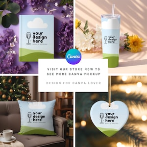 May include: A set of four customisable mockups featuring a book, a tumbler, a cushion, and a heart-shaped ornament. Each mockup features a white background with a green and blue design and the text "your design here".
