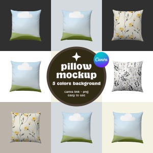 May include: Pillow mockup with five different background colors. The pillow is white with a variety of patterns, including floral, geometric, and abstract designs. The text "pillow mockup" is displayed in a brown circle with a star.
