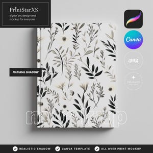 K&ouml;nnte beinhalten: Ein Notizbuch mit einem floralen Muster in Schwarz und Grau auf wei&szlig;em Hintergrund. Das Notizbuch tr&auml;gt den Text "PrintStarXS digital art, design and mockup for everyone". Das Bild enth&auml;lt auch den Text "NATURAL SHADOW".
