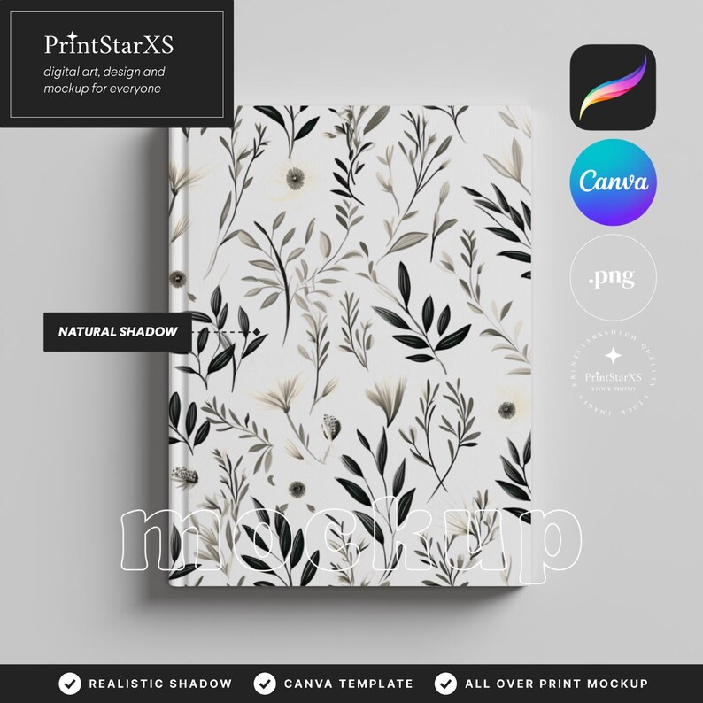 K&ouml;nnte beinhalten: Ein Notizbuch mit einem floralen Muster in Schwarz und Grau auf wei&szlig;em Hintergrund. Das Notizbuch tr&auml;gt den Text "PrintStarXS digital art, design and mockup for everyone". Das Bild enth&auml;lt auch den Text "NATURAL SHADOW".