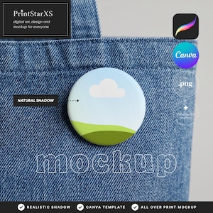 May include: A circular pinback button featuring a graphic illustration of a white cloud against a light blue sky above rolling green hills. The button is attached to a blue denim fabric surface. Text on the image includes PrintStarXS and mockup.