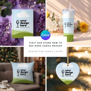 May include: A set of four customizable mockups featuring a book, a tumbler, a pillow, and a heart-shaped ornament. Each mockup features a green and blue design with the text "your design here".