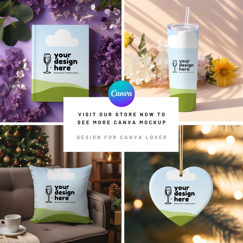 May include: A set of four customizable mockups featuring a book, a tumbler, a pillow, and a heart-shaped ornament. Each mockup features a green and blue design with the text "your design here".