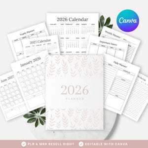 以下が含まれることがあります： 2026年のプランナー、2026年と2027年のカレンダー、週次と日次の計画ページなど、印刷可能なプランナーページのコレクション。2026年プランナーの表紙はベージュの花柄です。Canvaのロゴが見えます。