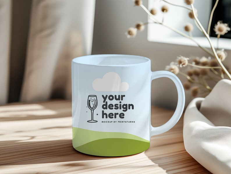 Canva mug mockup for POD sellers, featuring an easy drop-and-drop feature for creating beautiful and custom mugs with cozy background.