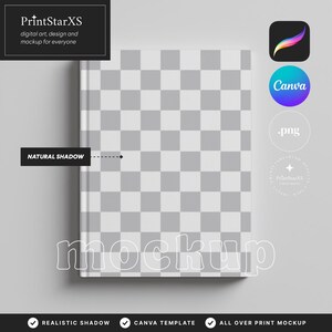 K&ouml;nnte beinhalten: Ein Notizbuch-Mockup mit einem karierten Muster auf dem Einband. Das Bild enth&auml;lt den Text "PrintStarXS digital art, design and mockup for everyone" und das Wort "mockup". Zus&auml;tzliche Symbole und Text zeigen Canva-Vorlage und All-Over-Print-Mockup an.