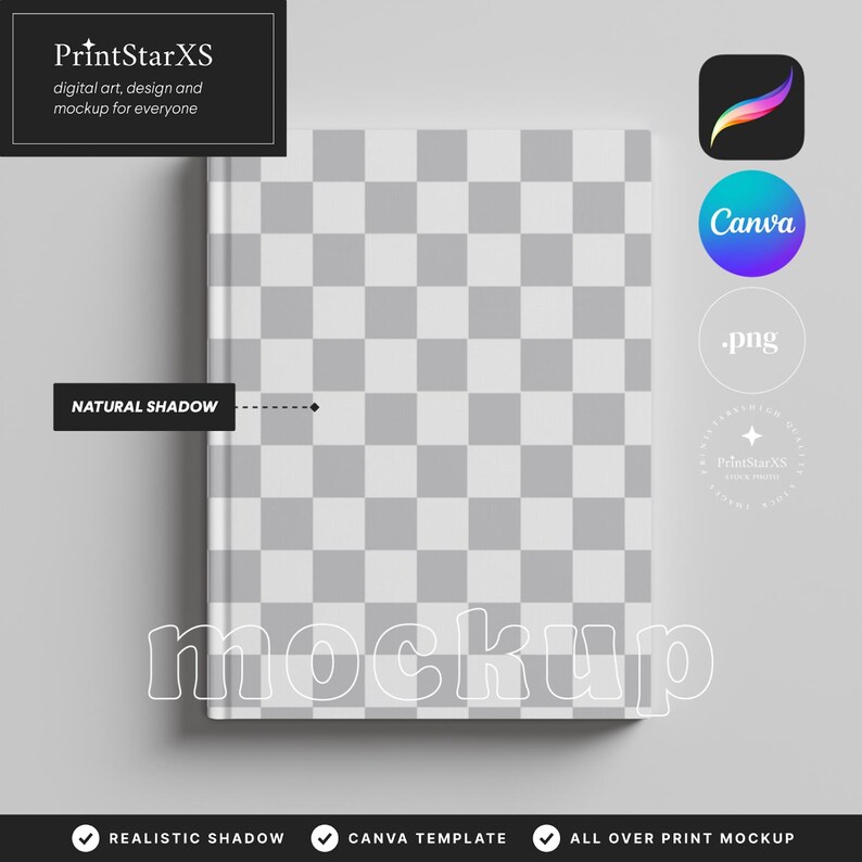 K&ouml;nnte beinhalten: Ein Notizbuch-Mockup mit einem karierten Muster auf dem Einband. Das Bild enth&auml;lt den Text "PrintStarXS digital art, design and mockup for everyone" und das Wort "mockup". Zus&auml;tzliche Symbole und Text zeigen Canva-Vorlage und All-Over-Print-Mockup an.