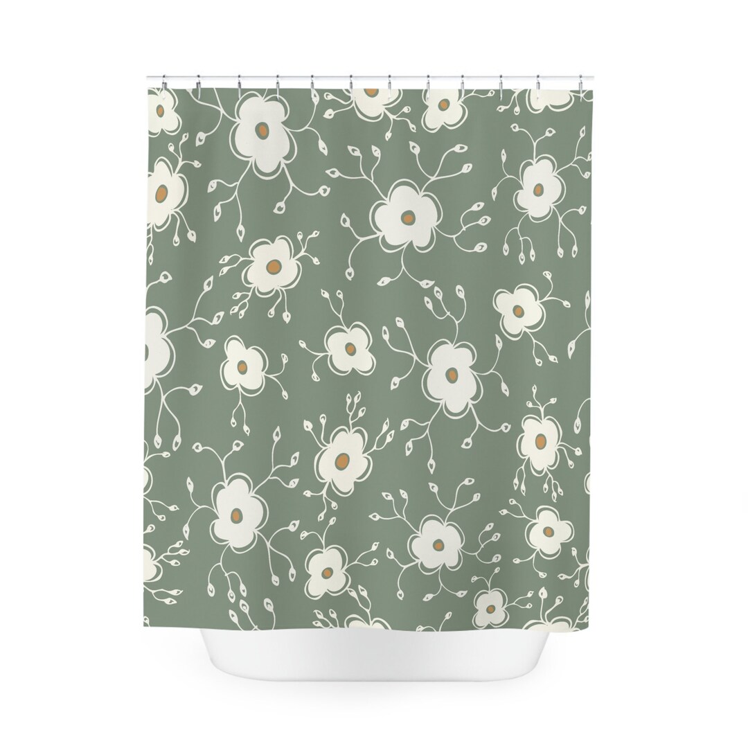 Green Floral Shower Curtain Retro Groovy Shower Curtain Cute Etsy