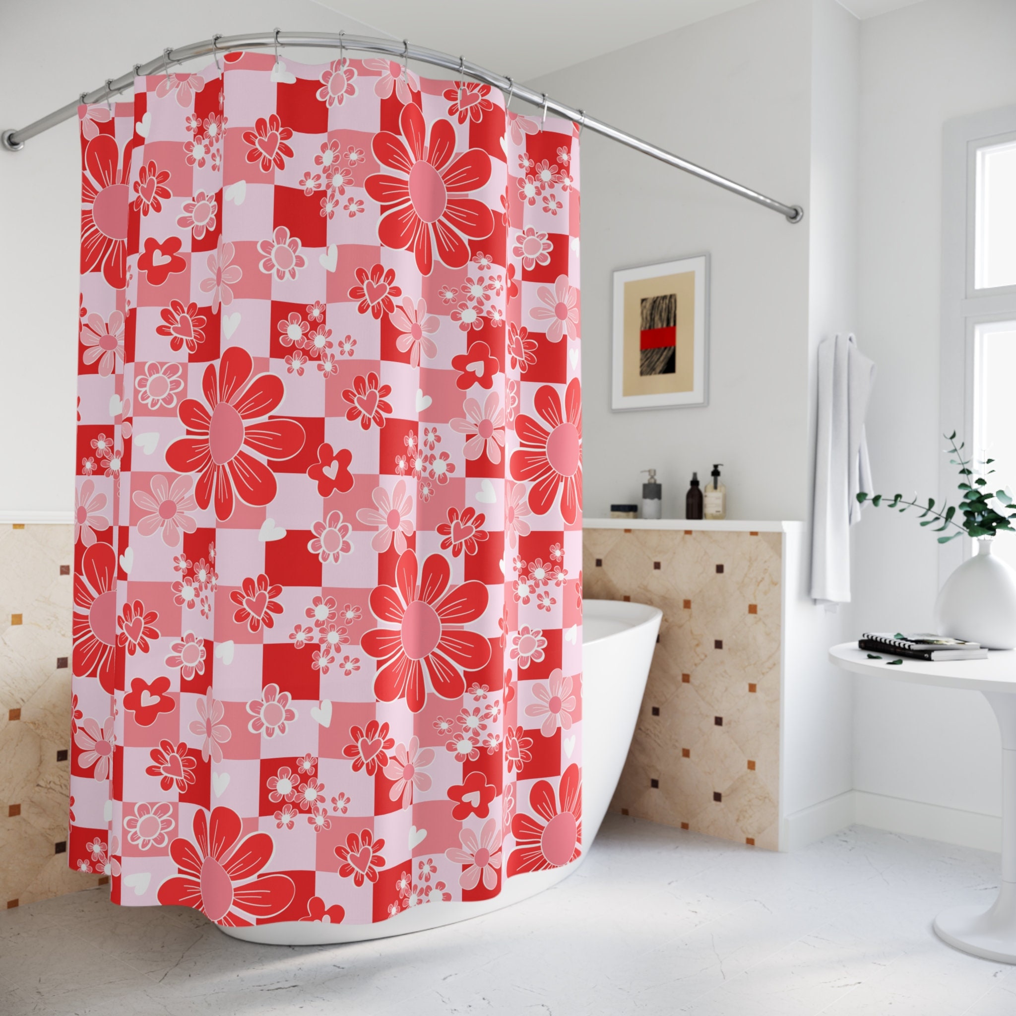 Ditsy Floral Retro Shower Curtain, Checkered Shower Curtain, Cute