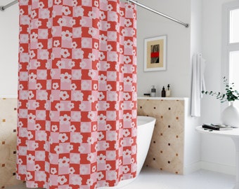 Ditsy Floral Retro Shower Curtain, Checkered Shower Curtain, Cute Shower Curtain,  Pink Shower Curtain, Red Vintage Shower Curtain