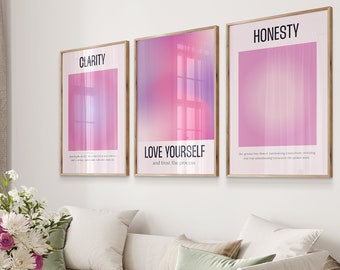 Pink Wall Art Set, Gradient Pink Wall Set, Pink Quote Set of 3 Prints, Bedroom Decor Posters, Poster Download, Art Prints Trendy, DIGITAL