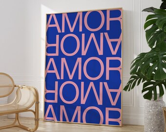 Soft Pink and Blue, Amor Typography Poster, INSTANT Digital Wall Art, Boho Maximalist Home Decor, Spiritual Wall Art, Feminist Download