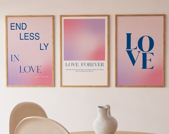 Pink Typographic Love Wall Art Set, Retro Pink Wall Set, Love Set of 3 Prints, Bedroom Decor Posters, Poster Download, Art Prints Trendy