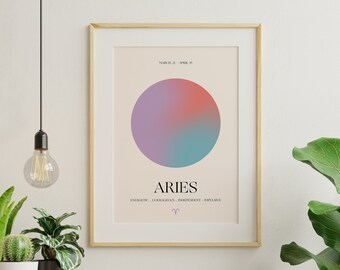 May include: A framed print with a pink, purple, and blue gradient circle in the center. The text "Aries" is below the circle, with the dates "March 21 - April 19" above the circle. The text "Energetic, Courageous, Independent, Impulsive" is below the word "Aries". The symbol for Aries is below the text.