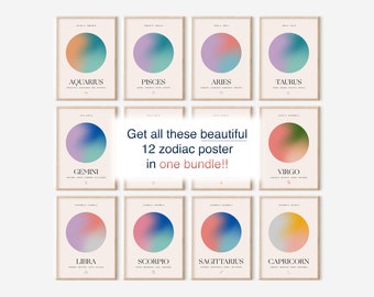 12 Zodiac Full Set, Printable Wall Art, Wall Decor Zodiac Aura Gallery, Astrology Sign Aura Series, Set of 12 Digital Prints, Download Now