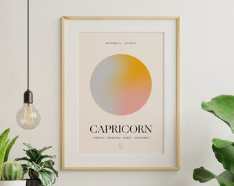 Capricorn Zodiac Print, Aura Gradient Yoga Astrology Print, Wall Gallery Art, Celestial Print, Horoscope Art, Capricorn Birthday Gift